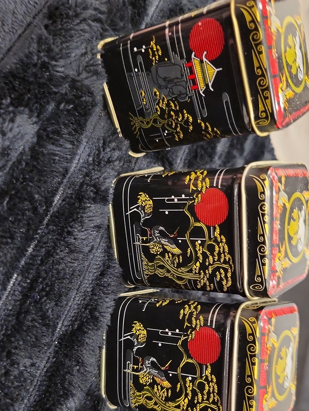Decorative Black Metal Storage Tins with Red and Gold Asian Motif (Set of 3)